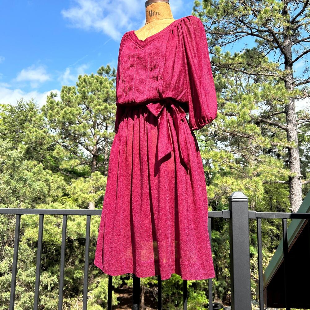 Vintage 70s Merlot Flowy Pleated Blouson Balloon Sleeve Midi Dress M L